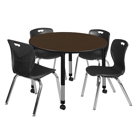Regency Round Kee Mobile Adjustable Classroom Table W/ 4 Andy Chairs, 48 in W, 48 in L, Neo Walnut TB48RNDNWAPCBK40BK