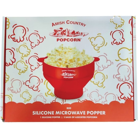 Amish Country Popcorn Red Silicone Microwave Popper with 2 Assorted Bags of Popcorn 50002 W SMP