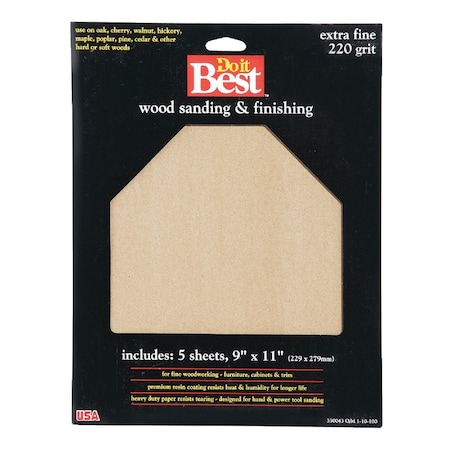 Do It Best Bare Wood 9''x11'' 220 Grit Extra Fine Sandpaper, 5PK 330043GA