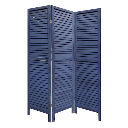 Homeroots 67" Dark Blue Solid Wood Folding Three Panel Screen Room Divider 376803