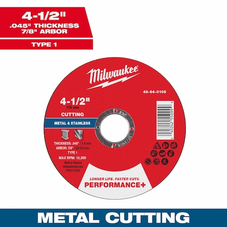 Milwaukee Tool Cut-Off Wheel, 7/8" Sz, 4 1/2" dia. 49-94-0105