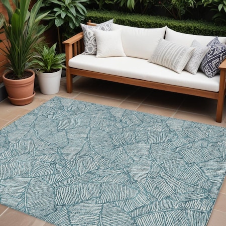 Homeroots 8' X 10' Teal Blue And Ivory Floral Washable Indoor Outdoor Area Rug 594668