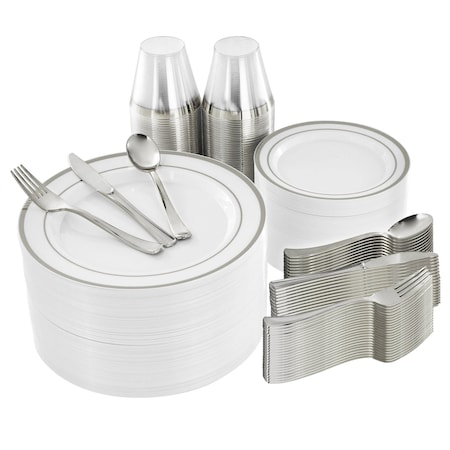 Elama 600 Piece Disposable Plastic Dinnerware Party Set for 100 Guests in White with Silver Trim 750124341M