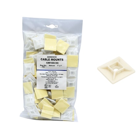 Cable Ties Unlimited Adhesive Cable Tie Mounts, 1 in Sq, Nylon 6/6, .2 in Slot Wd, Natural, 100PK CM100-9C