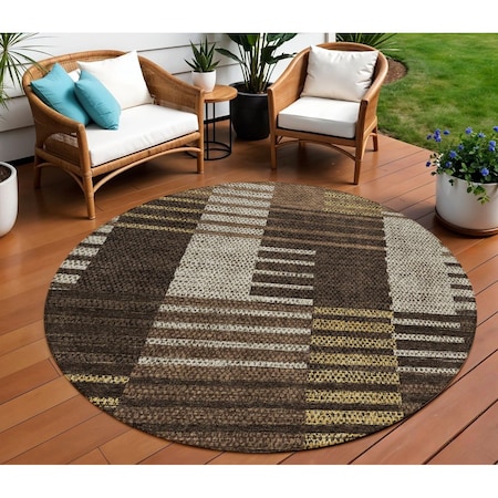 Homeroots 8' Chocolate Ivory And Gold Round Striped Washable Indoor Outdoor Area Rug 613159