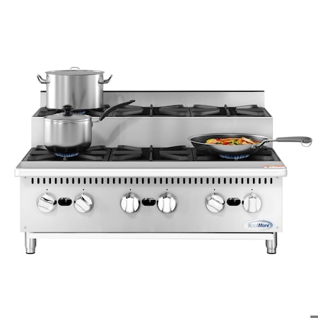 Koolmore 36 in. Commercial Six-Burner Step Up Gas Range, 156000 BTU in Stainless-Steel KM-CRSU-36
