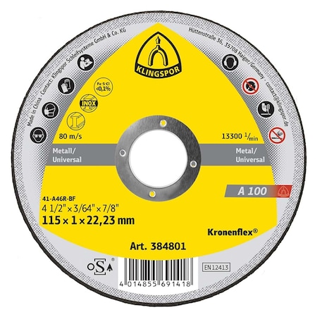 Klingspor A100 Cut-Off Wheel 4-1/2 in x .045 in x 7/8 T1, 25PK A1001151.022F
