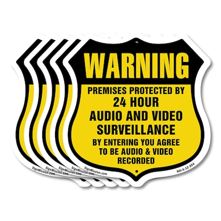 Signmission 24 Hour Surveillance Shield Sign Warning, 12 inch X 12 inch, Aluminum Metal Sign, 5PK SHI-A-5Pack-12-354
