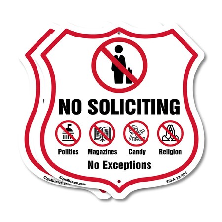 Signmission No Soliciting Shield Sign No Politics Ma, 12 inch X 12 inch, Aluminum Metal Sign, 2PK SHI-A-2PACK-12-403