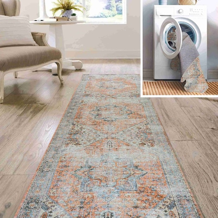 Jonathan Y Armae Distressed Medallion Chenille Non-Slip Machine-Washable Terra/Blue 2 ft. x 8 ft. Runner Rug WSH200A-28