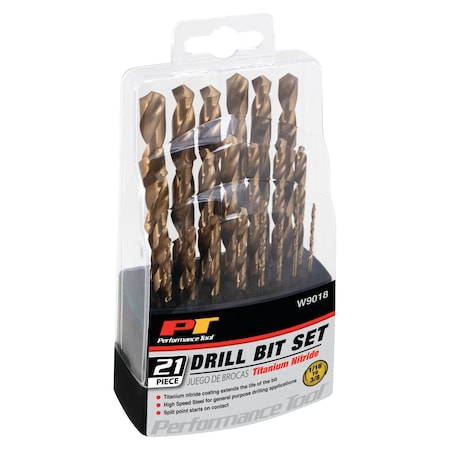 Performance Tool 21 pc. Twist Drill Set, Titanium Coated, Plastic Wood Metal W9018