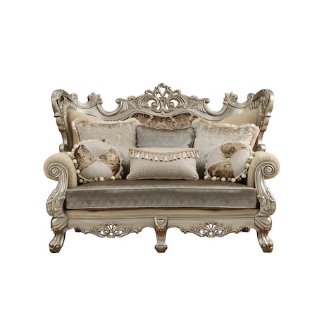 Homeroots 72in Cream And Platinum Damask Chesterfield Loveseat and Toss Pillows 348223