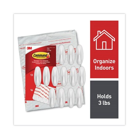 Command Designer Hooks, Medium, Plastic, 3 lb Capacity, White, 13 Hooks and 16 Strips/Pack 17081-13NA