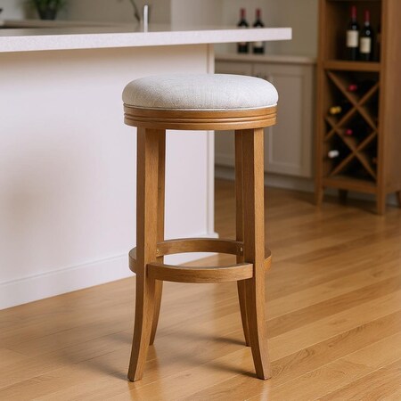 Homeroots 31" Sand and Natural Fabric and Solid Wood Backless Bar Height Swivel Bar Chair 632405