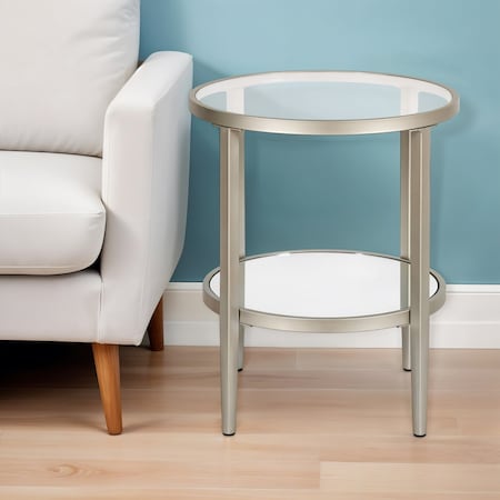 Homeroots 24" Nickel And Clear Glass And Steel Round Mirrored End Table With Shelf 544190