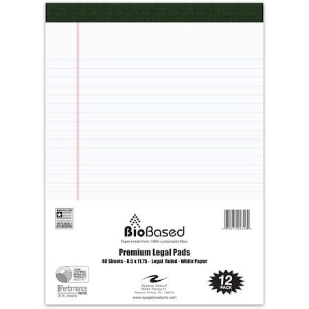 Roaring Springs Roaring Spring USDA Cert. Bio-Preferred Legal Pad, 8-1/2in x 11-3/4in, White, 40 Shts/Pad, 12/Pk 24326