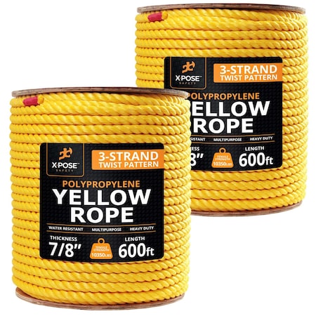 Xpose Safety 7/8in x 600 ft Twisted Polypropylene Rope, Yellow, 2PK YPR78-600-2-X