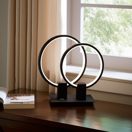 Homeroots 15" Black Metal Two Light Mod Round Circle LED Table Lamp 558365