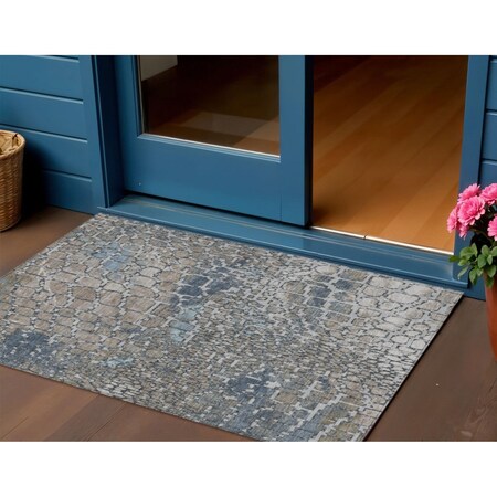 3' X 5' Silver Blue And Brown Abstract Washable Indoor Outdoor Area Rug