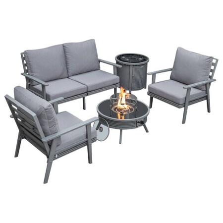 Leisuremod Walbrooke Modern Grey Patio Conversation With Round Fire Pit With Slats Design & Tank Holder, Grey WGRS-29-24-57-31-GR