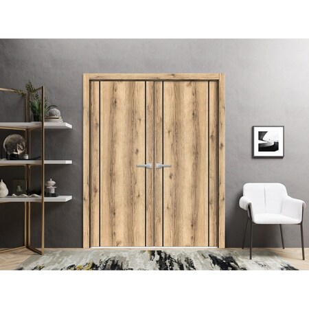Sartodoors Solid French Double Doors, Planum 0017 Oak and Aluminum Strips, Wood Solid Panel Frame Trims, Close PLANUM0017DD-DUB-8484