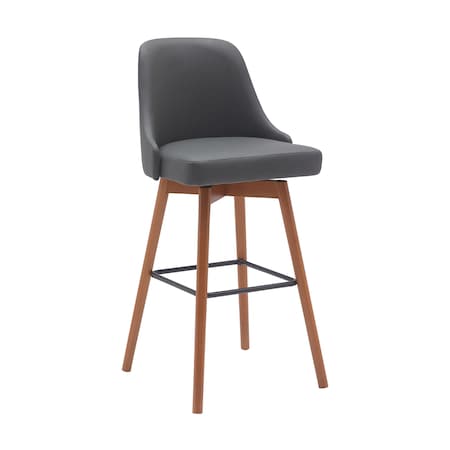 Homeroots 30" Gray and Wood Brown Faux Leather with Solid Wood Swivel Bar Height Bar Chair 534485