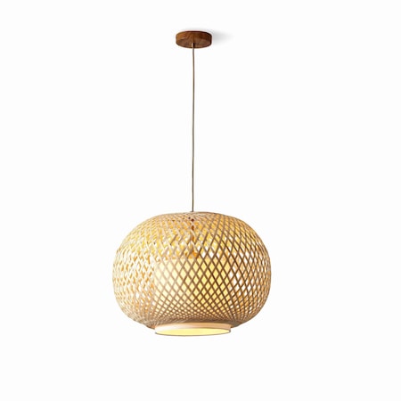 Vidalite Fos 1-Light Pendant with Woven Bamboo and Linen Shade, Brushed Brass Canopy, Adjustable Height CE1009202