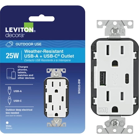 Leviton 15A White 2-Port USB Charging Outlet with 5-15R Weather-Resistant Duplex Outlet R02-W5633-0BW
