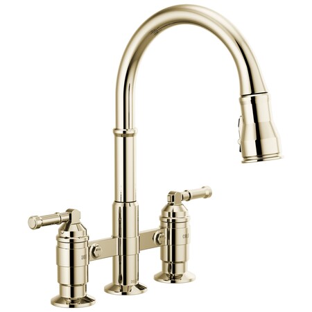 Delta Broderick Two Handle Pull-Down Bridge Kitchen Faucet In Polished Nickel 2390L-PN-DST