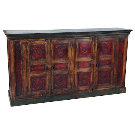 Homeroots 80in Brown And Red Distressed Solid Wood Carved Floral Buffet Table with Four Doors 488613