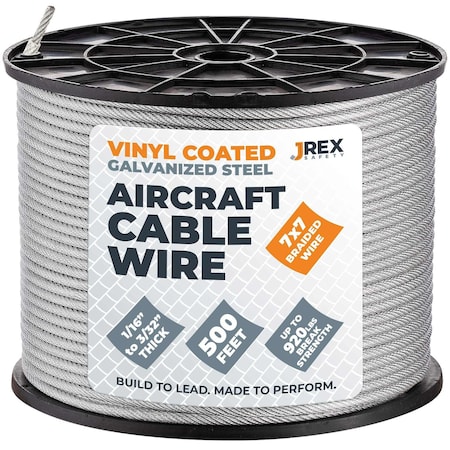 Jrex Safety 7x7 Vinyl Coated Galvanized Steel Aircraft Cable Wire - 1/16" to 3/32" x 500' Reel GCV116-JR-332-500FT