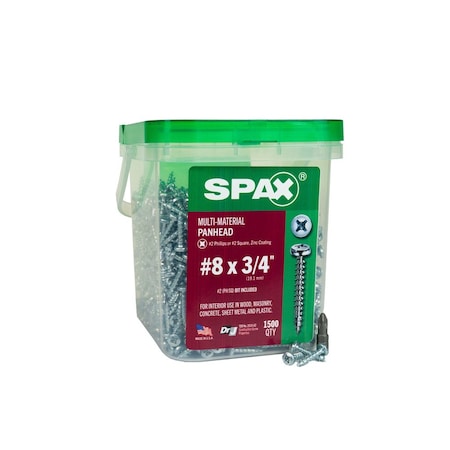 Spax #8 x 3/4 in Interior Wood Metal Screws Cabinet Pan Head Phillips Square Unidrive Pail, 1500PK 3111010400208