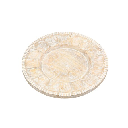 Homeroots 13" Natural And White Distressed Solid Wood Geometric Handmade Round Charger Plate 633182