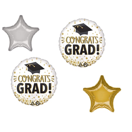 Loonballoon Graduation Grad Theme Balloon Set, 2x Standard Grad Congrats Gold Glitter Balloon and Star Foil 87263