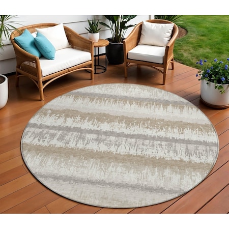 Homeroots 8' Ivory Gray And Beige Round Striped Washable Indoor Outdoor Area Rug 598360