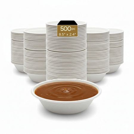 Eco Harmony Products Bagasse Bowls, PFAS-Free, Compostable, White, 8.5", 500PK 804574