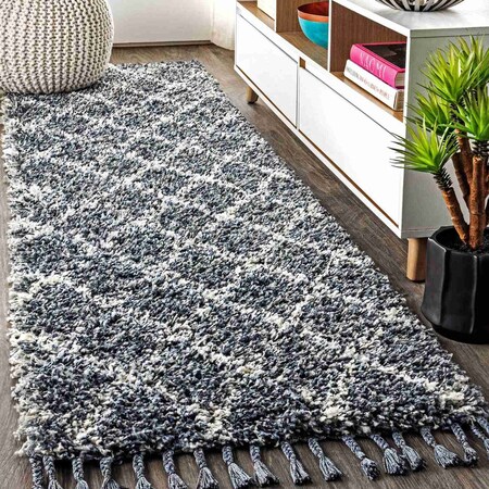 Jonathan Y Mercer Shag Plush Tassel Moroccan Geometric Trellis Denim Blue/Cream 2 ft. x 8 ft. Runner Rug MCR104A-28
