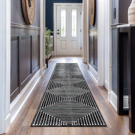 World Rug Gallery Bohemian Stripes Washable Non Slip Runner Rug 2 ft x 10 ft Black WR73BLACK2X10