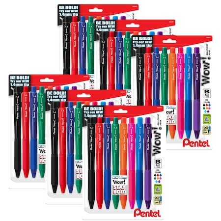Pentel Wow! Retractable Ballpoint Pen, (1.4mm) Bold Line, Assorted Ink, 48PK BK444BP8M