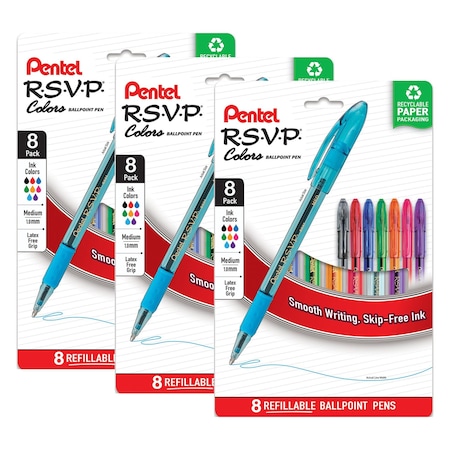 Pentel R.S.V.P. Colors Ballpoint Pen, (1.0mm), Assorted Ink, 24PK BK91CRPF8M