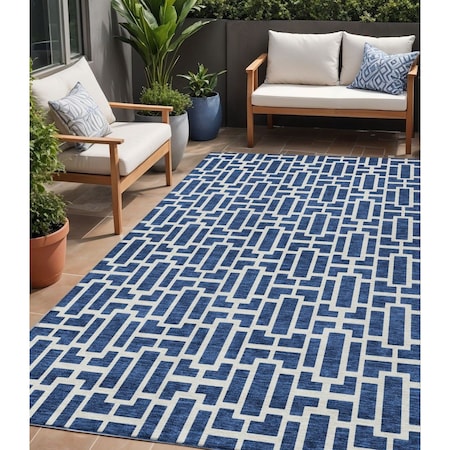 Homeroots 5' X 8' Navy Blue And Ivory Geometric Washable Indoor Outdoor Area Rug 594858