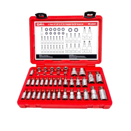 Genius Tools 41 Pieces 1/4in, 3/8in & 1/2in Drive Complete Star Bit Socket Set BS-23441