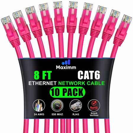 Maximm Cat6 Ethernet Cable 8ft 10Gbps 550MHz UTP, 10PK, Pink, 10PK CAT6-CCA-8FTPINK-10PK