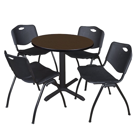 Regency Round Cain Breakroom Table W/ 4 M Stack Chairs, 30 in W, 30 in L, Neo Walnut TB30RNDNW47BK