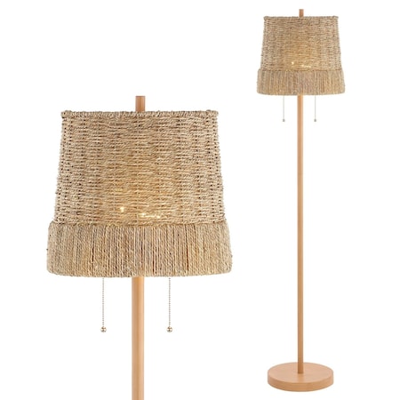 Jonathan Y Ocata 61" 2-Light Coastal Bohemian Iron/Rattan LED Floor Lamp with Pull-Chain, Brown Wood Finish JYL3091A