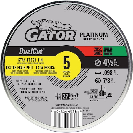 Gator Blade DualCut Type 27 4-1/2''x0.098''x7/8'' Steel/Stainless/Wall Tile Cut-Off Wheel, 5PK 97545