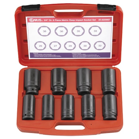Genius Tools 3/4inDr. 9 Piece Metric Deep Impact Socket Set IS-609MD
