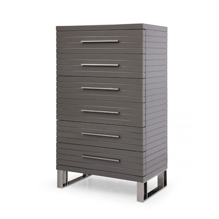 Homeroots 30" Grey Manufactured Wood + Solid Wood Stainless Steel Six Drawer Chest 491549