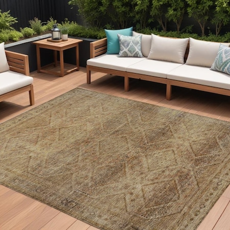 Homeroots 9' X 12' Khaki And Beige Geometric Washable Indoor Outdoor Area Rug 630505