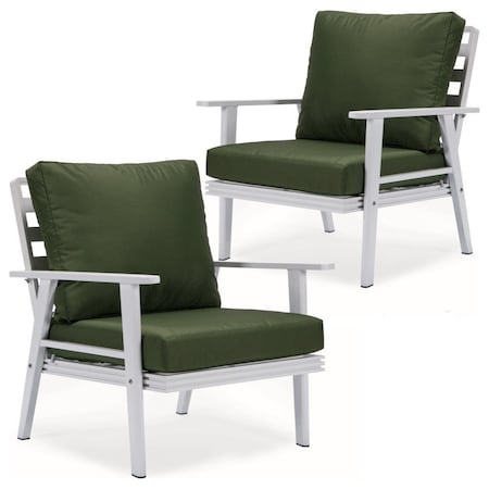 Leisuremod Walbrooke Outdoor Patio White Aluminum Armchairs With Cushions, Green, 2PK WW-31-27G2